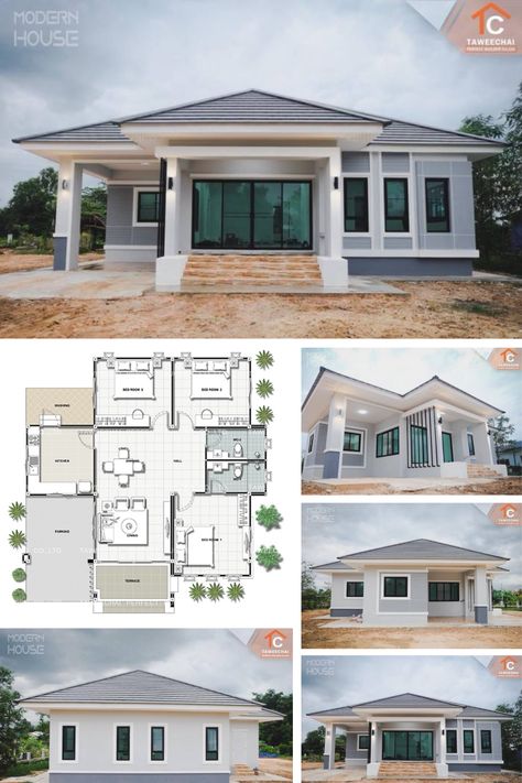 Gray Bungalow with Three Bedrooms Three Bedroom House Plan Three Bedroom House Plans Modern, 3 Bedroom Modern Bungalow House Plans, Three Bedroom House Plans Modern, Interior Design Bungalow, 3 Bedroom House Plans, Four Bedroom House Plans, Modern Bungalow House Plans, Bungalow Ideas, Modern Bungalow House Design