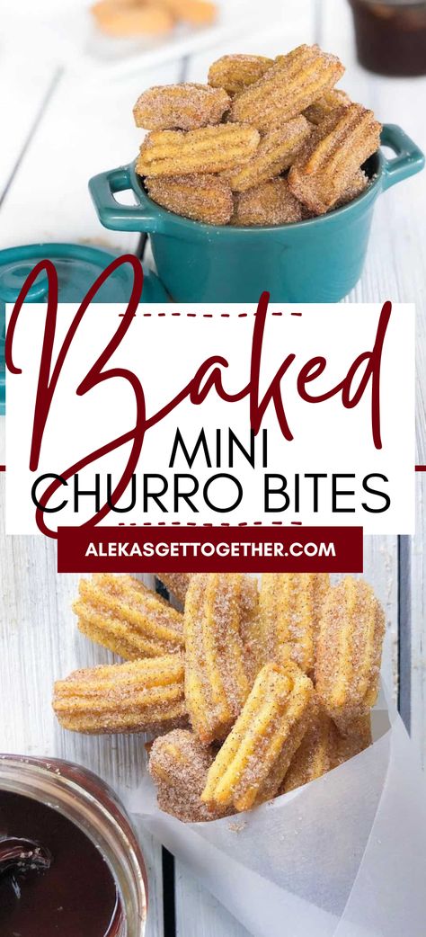 Bites Size Desserts, Easy Churro Bites, Oven Baked Churros, Mini Churros Recipe, Angel Food Cake Churro Bites, Donut Bites Recipes, Bit Size Desserts, Dessert Appetizers Bite Size, Baked Churro Bites