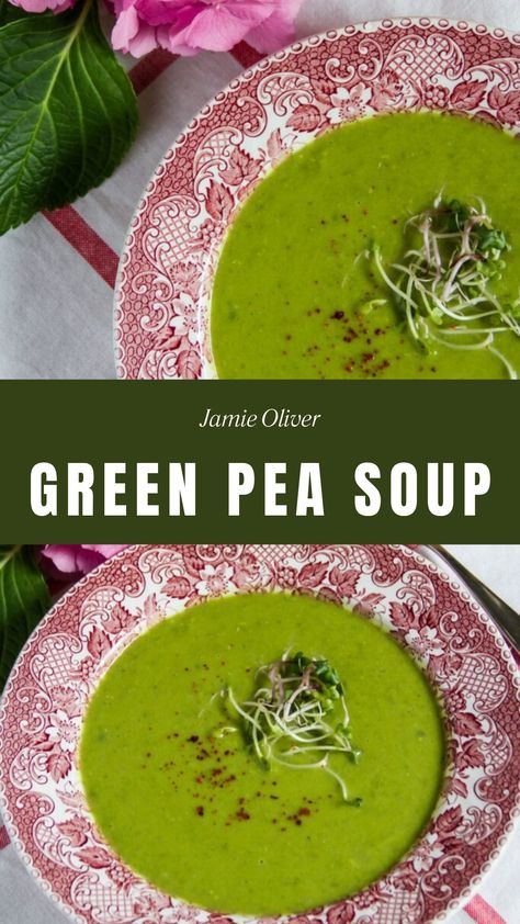 Jamie Oliver Green Pea Soup Jamie Oliver Soup, Garlic Peas, Green Pea Soup, Coconut Milk Soup, Pea Soup, Comfort Dishes, Green Peas, Saute Onions, Jamie Oliver