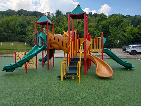 The light green No Fault Safety Surface that we installed for the playground at Chartiers Elementary School in Pittsburgh, Pennsylvania is so attractive and smooth-looking!  We partnered with Pete Jeffrey of Jeffrey Associates, Inc. (Playworld) to complete this job.  Pete mentioned to us that the Playworld play structure in the pictures is ten years old, and it's still beautiful! School Playground Ideas, Playground Toys For School, Old School Playground, Elementary School Playground, Old School Playground Equipment, Park Equipment Playgrounds, Playground Safety, Slide Illustration Playground, School Playground Equipment