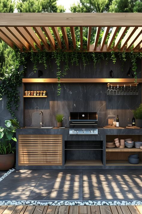 Stunning Outdoor Kitchen Ideas - Remodr Outdoor Kitchen Design Pergola, Poolside Grilling Area, Bbq On Deck Ideas, Garden Bbq Area Ideas, Small Outdoor Kitchen With Bar, Small Grilling Area, Outdoor Kitchen On A Deck, Outdoor Kitchen Pool House, Pool Bbq Area Ideas