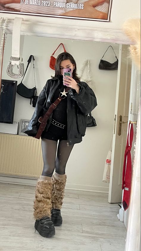 Ripped Tights And Leg Warmers, Alt Outfits With Leg Warmers, Outfits With Fur Leg Warmers, Faux Fur Leg Warmers Outfit, Mini Skirt Leg Warmer Outfit, Brown Fur Leg Warmers, Fluffy Legwarmers Outfit, Fur Legwarmers Outfit, Leg Warmer Outfits Aesthetic