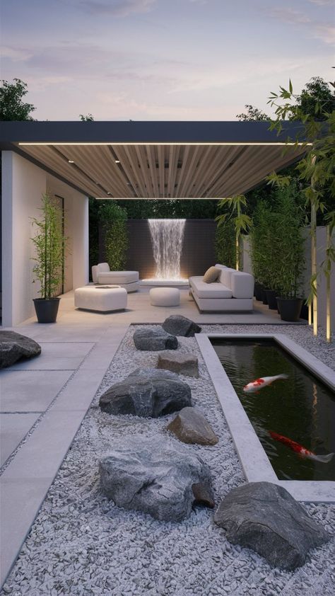 Patio Water Features Ideas, Zen Landscape Design, Yard Water Features, Zen Patio Ideas, Garden Sitting Area, Zen Backyard Ideas, Peaceful Backyard, Modern Zen Garden, House In The Suburbs