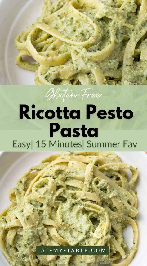 Ready in just 15 minutes, this easy gluten-free ricotta pesto pasta is the perfect dish for a quick, delicious summer meal. The ultimate easy weeknight dinner recipe the entire family can enjoy. Full recipe on AtMyTable. Gluten Free Pasta Recipes For Dinner, Pesto Pasta Casserole, Ricotta And Pesto Recipes, Gf Italian Recipes, Pesto And Ricotta Pasta, Gluten Free Summer Meals, Pesto Ricotta Pasta, Pesto Recipes Dinner Healthy, Pesto Dinner Ideas