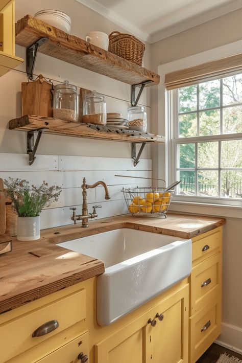 Kitchens With Wooden Countertops, Wooden Kitchen Countertops, Yellow Kitchen Ideas, Butcher Block Countertops Kitchen, Mustard Kitchen, Wooden Countertops Kitchen, Yellow Kitchen Designs, Yellow Kitchen Cabinets, White Upper Cabinets