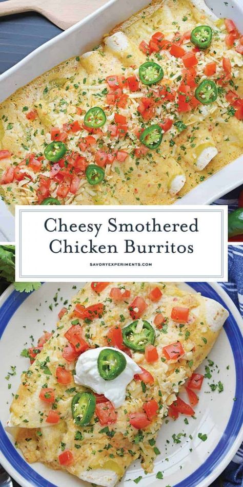 Smothered Chicken Burritos Cheesy Baked Burritos Smothered Chicken Burritos, Enchiladas Sauce, Baked Burritos, Green Enchiladas, Burrito Recipe Chicken, Smothered Chicken, Burritos Recipe, Chicken Burritos, Mexican Food Recipes Easy