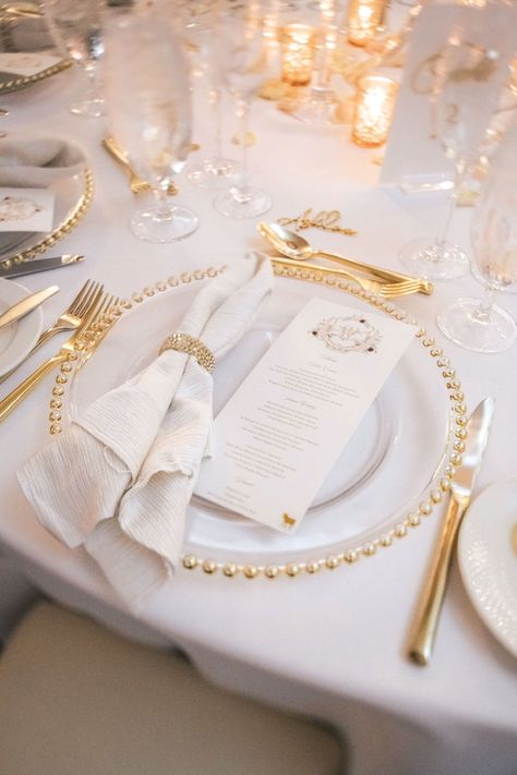 White And Gold Wedding Themes, Beaded Charger Plates, Pearls Wedding Theme, Wedding Plate Setting, Gold Reception, Gold Wedding Reception, Wedding In Florida, White Weddings Reception, White Wedding Decorations