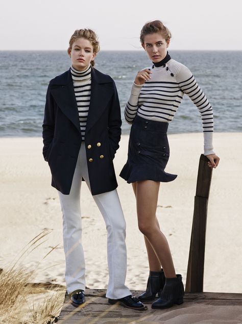 Rag & Bone peacoat; IRO sweater; Joie jeans; Stuart Weitzman shoes. Isabel Marant sweater and skirt; J Brand sweater (underneath); Aldo boots. Nautical Fashion Women, Sailing Fashion, Nautical Aesthetic, Aldo Boots, Breton Stripes, W Magazine, Sailing Outfit, Estilo Preppy, Nautical Fashion