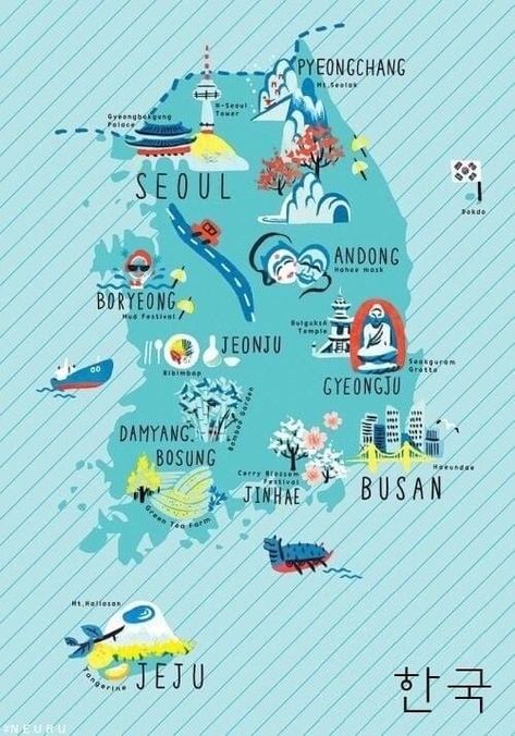 Map Of South Korea, Map Of Korea, Korea Illustration, Korean Heritage, South Korea Culture, Korea Culture, Visit Korea, Korean Travel, Korea Map