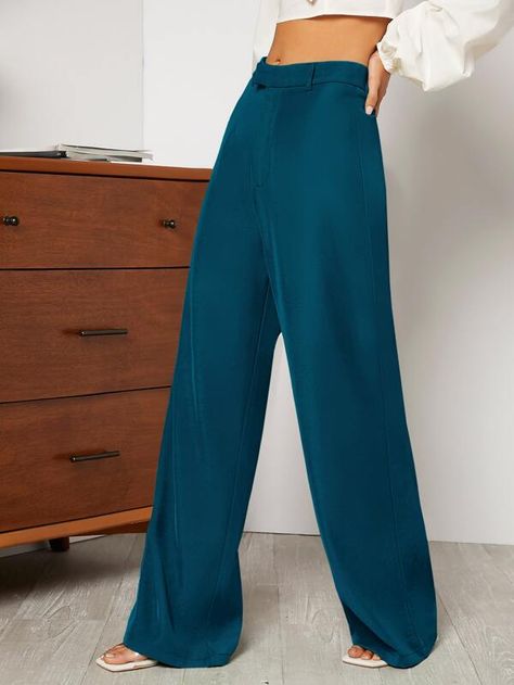 SHEIN Essnce High Waist Wide Leg Pants | SHEIN USA Turquoise Pants Outfit, Tan Shirt Outfit, Turquoise Pants, Go Out Outfit Night, Formal Pant Suits, Teal Outfits, Teal Pants, Wide Leg Pants Outfit, Tan Shirt