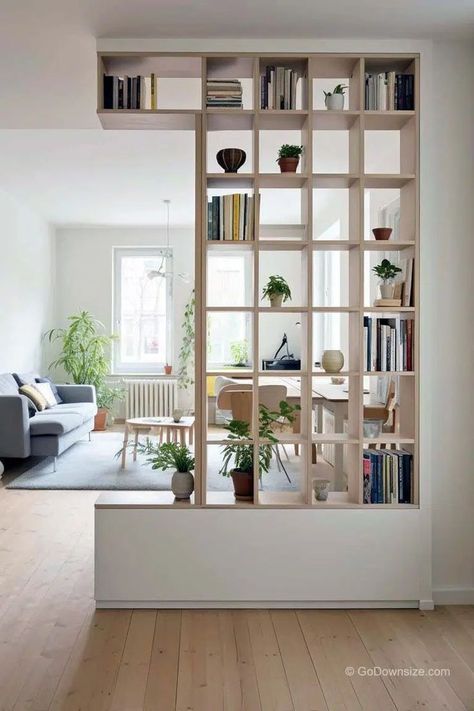 Partition Wall With Shelves, Living Divider Ideas, Room Divider Shelving Ideas, Room Divider Living Room Dining Room, Bookshelf Partition Wall, Divide Room With Paint, How To Divide Kitchen From Living Room, Divider Wall Ideas Living Room, Room Dividing Shelves