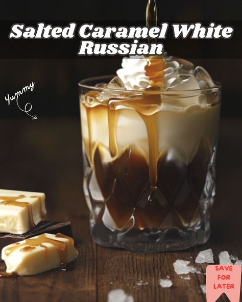 Try the Salted Caramel White Russian, a rich blend of vodka, coffee liqueur, cream, and salted caramel for a sweet and salty indulgence. Carmel Vodka, Salted Caramel White Russian, Caramel White Russian, White Russian Recipe, Salted Caramel Vodka, White Russian Recipes, Xmas Drinks, Easy Recipies, Salted Carmel