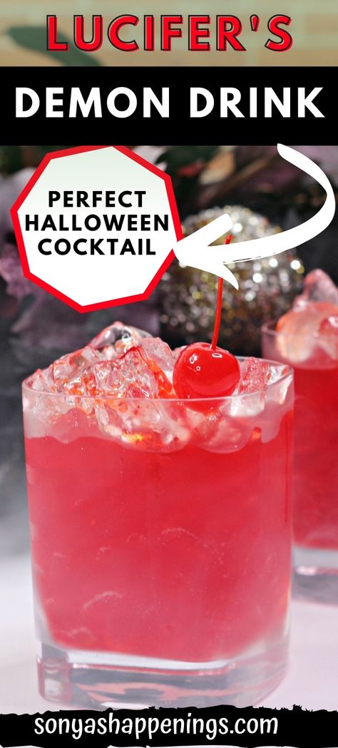 Lucifer's Demon Drink is perfect Halloween Cocktail to serve at your party this year! This mixed drink includes a mixture of rum and wine and tastes wonderful! party cocktail~ Mixed Drinks Alcoholic Halloween, Halloween Mixed Drinks Alcohol, Alcohol Party Drinks, Red Alcoholic Drinks, Hor Dourves, Easy Halloween Cocktails, Spooky Bachelorette, Spooky Cocktails, Halloween Alcohol