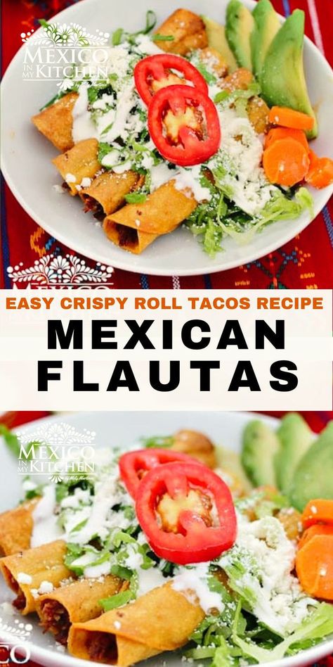 Beef Rolled Tacos, Rolled Tacos Recipe, Mexican Flautas, Crispy Taquitos, Taquitos Dorados, Rolled Tacos, White Cream Sauce, Taco Recipes Mexican, Corn Tortilla Recipes