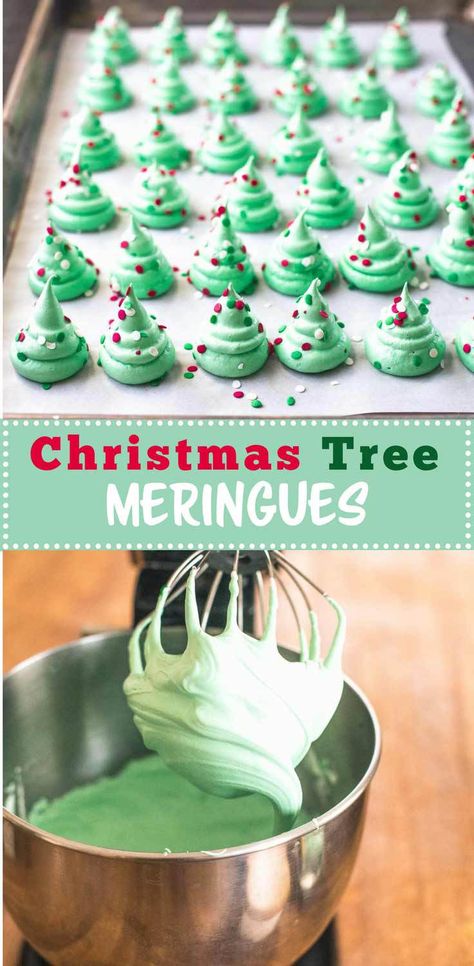 Christmas Tree Meringues are festive, fun and make a light airy addition to a cookie plate this time of year. Naturally dairy-free and gluten-free. - Christmas Tree Meringues Tree Meringue, Christmas Meringue, Meringue Recipe, Cookie Plate, Christmas Baking Recipes, Christmas Candy Recipes, Candy Recipes Homemade, Meringue Cookies, Christmas Food Desserts