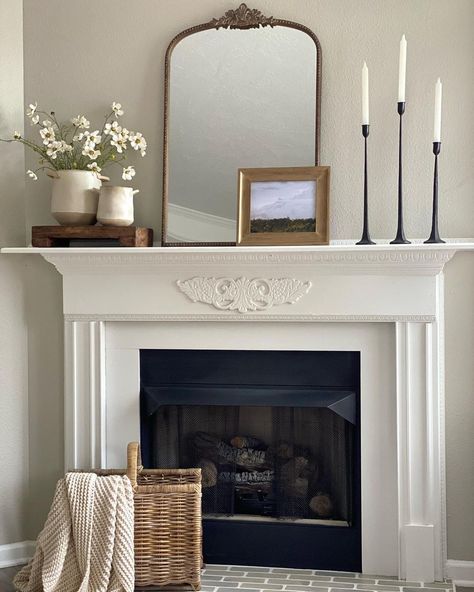 Short Mantel Decor, Fireplace Mantle Decor Bedroom, Timeless Mantle Decor, Mirror Leaning On Mantle, Styling A Mantle With A Mirror, Chimney Mantle Decor, Tv Above Mantel Decorating Ideas, Small Mantel Decor, Modern Traditional Fireplace Ideas