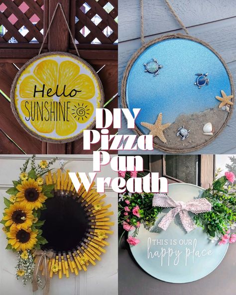 Genius DIY Pizza Pan Wreath Ideas - PinkPopDesign Pizza Pan Welcome Sign Diy, Pizza Pan Art, Diy Pizza Pan Decor, Pizza Pan Wreath Diy, Fall Pizza Pan Craft, Pizza Pan Door Hanger Diy, Pizza Pan Crafts Diy Dollar Tree, Dollar Tree Pizza Pan Crafts, Dollar Tree Pizza Pan Wreath