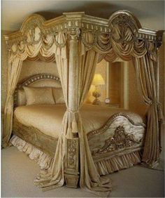 Fabulous Gold Colored Victorian Style Canopy Bed With Gold Curtain : Create an… Ethnic Bedroom, Dreams Beds, Versace Home, Elegant Bedroom, Canopy Bed, Beautiful Bedding, Dream Rooms, Bed Styling, Bedroom Styles