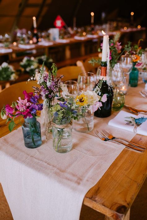 At Home Wedding, Village Hall Wedding, Flower Decorations Diy, Flowers In Jars, Tipi Wedding, Wedding Flower Decorations, Whimsical Wonderland Weddings, Vintage Wedding Decorations, Wildflower Wedding