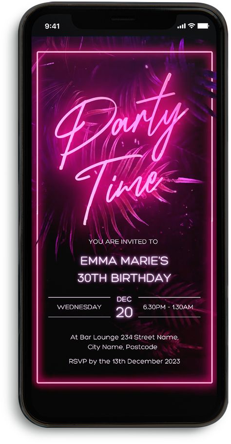 An animated neon pink Party Time Invitation. 

This fun DIY animated video invitation is very simple to use. Easily edit your invitation template in Canva using your electronic device. 

Once edited and downloaded, you can send it electronically and share it with your family and friends through Email, Messenger, iMessage, WhatsApp, Text message, or your preferred social media platform. 

Available now with 50% off while I create and add more listings to my store. https://partevites.etsy.com Neon Invitation Template, Neon Party Invite, Canva Party Invites, Neon Party Invitations Template, Digital Party Invitations, Neon Invitations, Neon Pink Party, Birthday Invitations Online, Neon Party Invitations