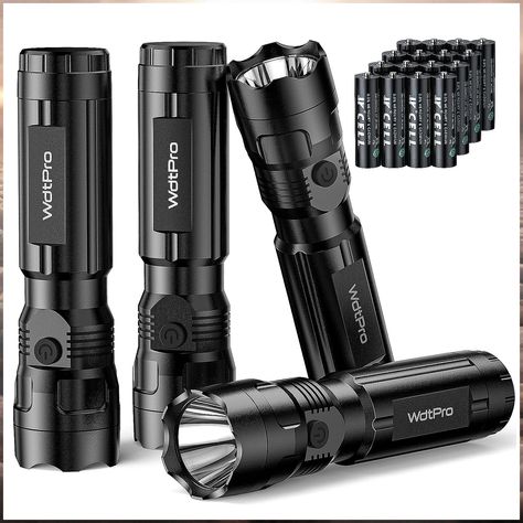 4 Pack LED Flashlights, WdtPro Bright Flashlight with 16 AAA Batteries, Super Long Battery Life, Single Mode, High Lumens, ED Emergency Preparedness, Survival Card, Flash Lights, Emergency Flashlight, Battery Powered Light, Tactical Flashlight, Power Outage, Aaa Batteries, Led Flashlight