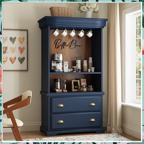 Looking to add a stylish touch to your kitchen? Check out these 13 creative coffee bar ideas for your kitchen makeover. Whether you prefer a rustic, modern, or minimalist design, these coffee bar setups will inspire you to create the perfect cozy corner for your morning brew. Upgrade your kitchen with these coffee bar in kitchen ideas today! Coffee Station Armoire, Bookshelf Coffee Station, Dark Blue Coffee Bar, Painted Arch Coffee Bar, Bookshelf Into Coffee Bar, Wooden Coffee Bar Ideas, Coffee Bar In Cupboard, Armoir Coffee Station, Tv Stand Coffee Bar