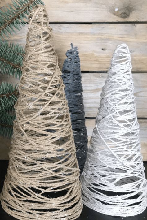 How To Make Cones For Christmas Trees, Diy Cones For Christmas Tree, Xmas Tree Cones Diy, Twine Cone Christmas Tree, Come Christmas Trees, Cone Christmas Trees Diy How To Make, Diy Cone Christmas Tree Yarn, Buttons Christmas Tree, Cone Yarn Christmas Trees Diy