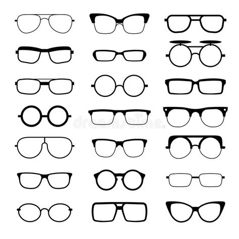 Sunglasses, eyeglasses, geek glasses different model shapes vector silhouettes icons vector illustration Galactik Football, Shape Icons, Geek Glasses, Plastic Fashion, Black Eyeglasses Frames, Red Eyeglasses, Shapes Vector, Red Sunglasses, Heart Shaped Sunglasses