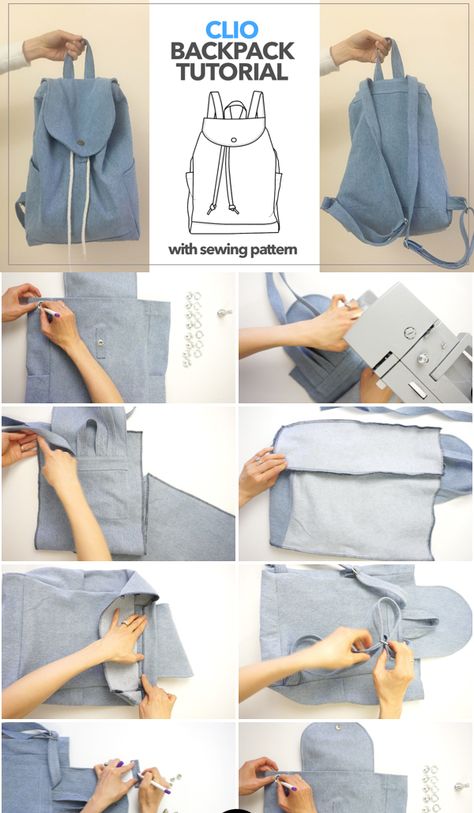 Fabric Backpack Diy, Denim Backpack Pattern, Sewing Patterns Backpack, Make Bags Diy, Easy Backpack Sewing Pattern, Sewing A Backpack, How To Sew A Backpack, Denim Backpack Diy, Backpack Diy Pattern