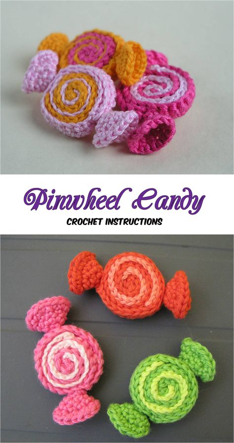 Crochet Pinwheel Candy - Pretty Ideas Crochet Candy Applique, Crochet Candy Ornaments Free Pattern, Crochet Candy Pattern Free, Candy Crochet Pattern Free, Fruit Haken, Pinwheel Candy, Crochet Clips, Crocheted Food, Keyring Ideas