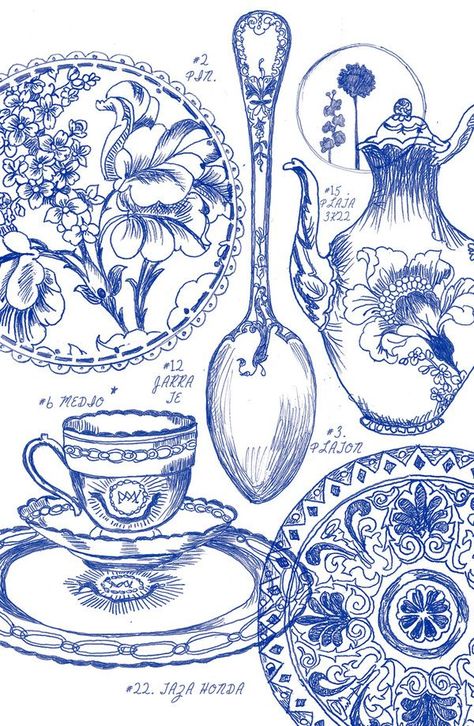 love Tea Chest, Vintage Spoons, Sketchbook Ideas, Ink Drawings, Blue Willow, Blue China, Love Blue, Craft Patterns, Work Life