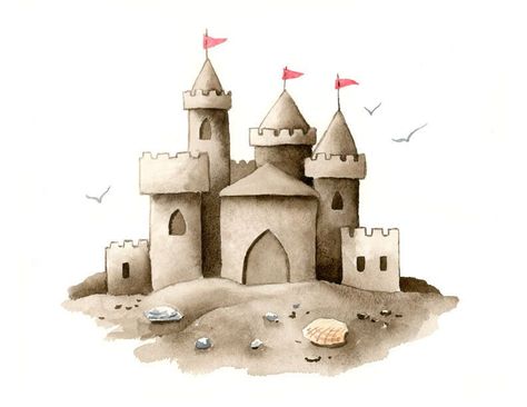 Sandcastle Drawing, Sand Castle Drawing, Beach Sand Castles, Nursery Painting, Castle Tattoo, Castle Illustration, Castle Drawing, Castle Painting, Glass Houses