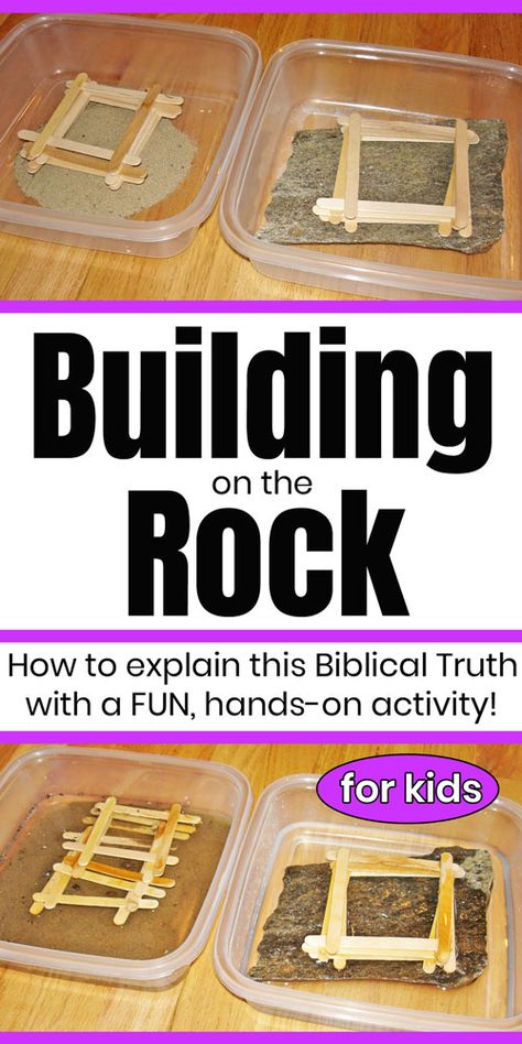 Wise Man Built His House Upon The Rock Activities, Bible School Activities For Kids, Building Your House On The Rock Lesson, Object Bible Lessons For Kids, Hands On Bible Lessons For Kids, Wise Man Built His House Upon The Rock Craft, House On Rock Craft Bible, Bible Lessons For Kindergarteners, Summer Bible Study For Kids