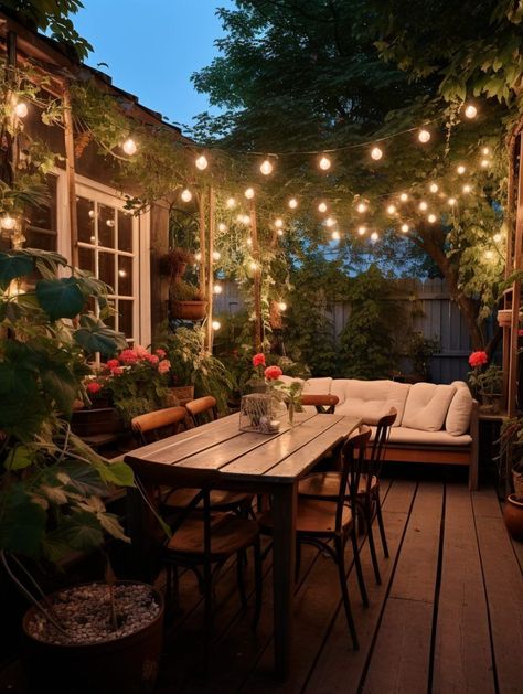 Patio With Lights, Casa Vintage, Backyard Inspiration, Have Inspiration, Backyard Inspo, Patio Lighting, Outdoor Patio Decor, Small Patio, Backyard Patio Designs