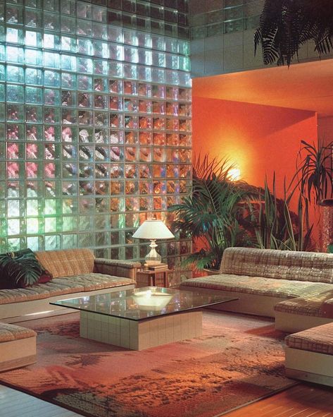 1980s glass brick rooms 🧊 [AI] Get your wall posters on liminaldestinations.com and AI prompts on Ko-fi (links in bio!) • • • • #80sinterior #1980sinterior #80saesthetic #1980s #80svibes #80snostalgia #80sdecor #80s #80spenthouse #vintage #interiordesign #homedecor #luxuryhomes #midcentury #midcenturymodern #postmodern #luxury 90s Architecture Interiors, Glass Brick Interior Design, 90’s Interior Design, Retro Brick Wall, 80s Conversation Pit, 80s Postmodern, Interior Design 80s, 80’s Interior Design, 80s Aesthetic Home Decor