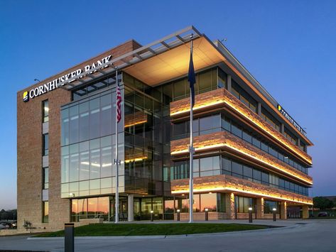 Cornhusker Bank Corporate Bank Center | Sinclair Hille Architects - Architectural Design, Master Planning, Lincoln NE Shopping Centre Architecture, Bank Facade Design, Bank Facade, Facade Design Architecture, Shopping Mall Architecture, School Building Design, Commercial Design Exterior, Master Planning, Facade Architecture Design