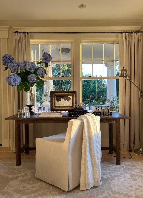 Home Office Staging Ideas, Side Table In Front Of Window, Maine Home Aesthetic, Classic Southern Home Interior, Nancy Meyers Coastal Aesthetic, Lived In Home Aesthetic, No Window Office, Country Chic Office, Desk Room Ideas Decor