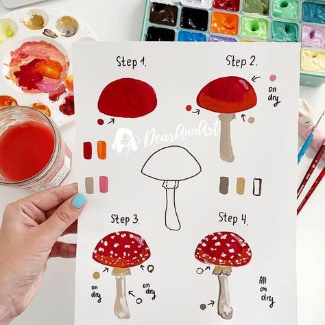 Mushroom Paint, Mushroom Drawing, Gouache Art, Watercolor Art Lessons, Mushroom Art, Beginner Painting, Art Inspiration Painting, Painting Art Projects, Diy Art Painting