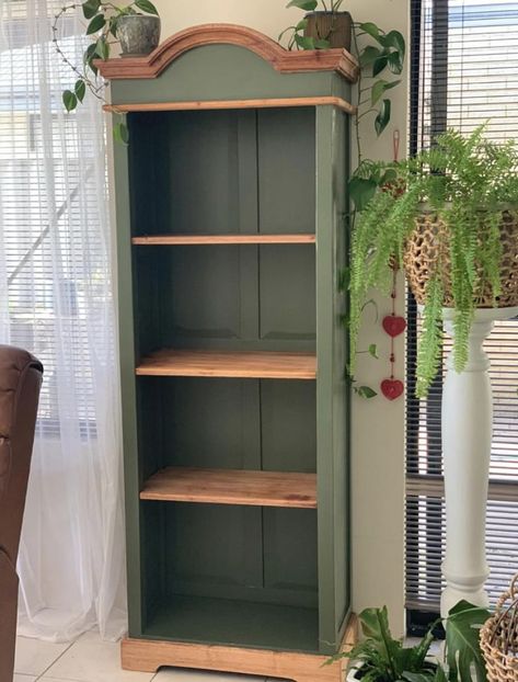 Wooden Bookshelf Makeover, Green Shelf Painted, Paint And Stain Bookcase, Paint Shelf Diy, Green And Wood Bookshelf, Renovated Bookshelf, Pine Bookcase Upcycle, Refinishing Bookshelf, Olive Green Bookshelf