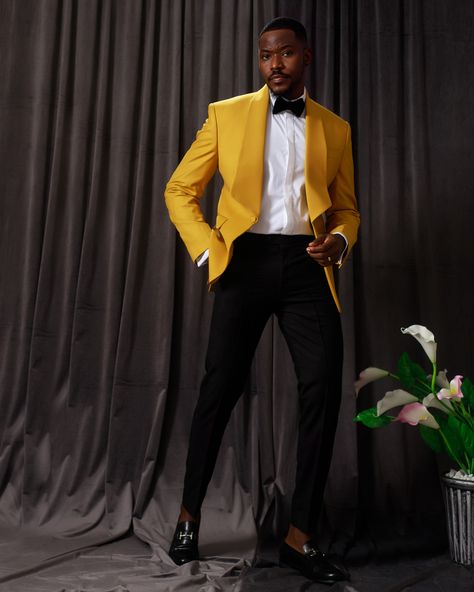 Mustard Jacket Outfit Men, Mustard Shawl, Engagement Fits, Bootcut Outfit, Designer Tuxedo, Formal Suits Men, Stylish Mens Suits, Yellow Suit, Black Men Fashion Swag