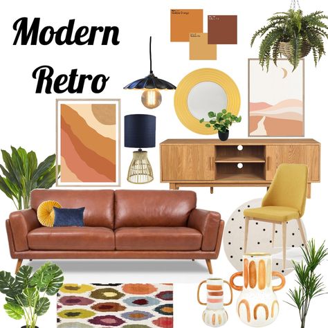 Modern Retro Interior Design, 60s Interior, Retro Interior Design, Retro Living Rooms, Mid Century Modern Interiors, Retro Interior, Interior Design Mood Board, Room Decor Ideas, Interior Design Art