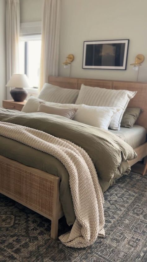 Why Your Choice Of Bedding Brand Matters More Than You Think Boho Green Bedding, Natural Colored Bedding, Bedding Inspo Not White, Bed Set Color Schemes, Guest Bedroom Green Accents, Cream Comforter Bedding Color Combos, Camel Bedding Master Bedrooms, Tan Headboard Bedroom Color Schemes, Modern Airbnb Bedroom