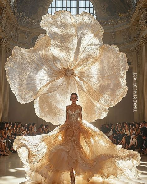 Chinese Designer Dresses, Fashion Inspired By Nature Haute Couture, Sun Inspired Gown, Flower Haute Couture, Fashion Inspired By Flowers, Flowers In Fashion, Fit Dress Outfit, Floral Dress Runway, Flower Inspired Dress