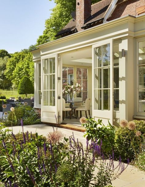 Just like any other building or structure, orangeries and garden rooms need foundations to keep them supported and distribute their weight evenly. There are a few types of foundations that can be considered, but it’s not easy to specify the most appropriate approach until the topsoil has been removed and the soil conditions can be assessed… English Sunroom Interior, English Country Home Aesthetic, English Cottage Conservatory, Garden Home Exterior, Country Home Architecture, English Countryside House Exterior, English Homes Interiors Country Cottages, English Country House Kitchen, English Country Sunroom