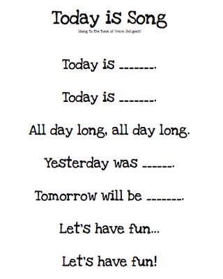 Song, "Today is..." would be cute to do with students  every morning before starting class to help them learn days of the week Today Is Song Preschool, Preschool Hallway Songs, Prek Transition Songs, Morning Circle Board, Preschool Circle Time Songs Morning Meetings, Calendar Songs For Preschool, Preschool Circle Time Schedule, Days Of The Week Poem, Kindergarten Morning Songs