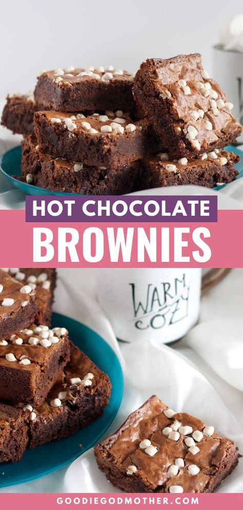 Grab your favorite hot cocoa mix and whip up these easy hot chocolate brownies! So cute and delicious. #hotchocolate #brownies #brownierecipe #snowdaybaking #easydessert #dessertideas #hotcocoadessert Hot Chocolate Brownies Recipe, Easy Hot Chocolate, Caramel Hot Chocolate, Hot Chocolate Brownies, Hot Fudge Cake, Hot Chocolate Fudge, New Year's Desserts, Easy Caramel, Hot Cocoa Mix