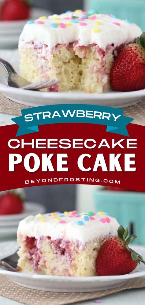 Strawberry Cheesecake Poke Cake, spring treats, easter desserts Strawberry Cheesecake Poke Cake, Cheesecake Poke Cake, Cream Cheese Whipped Cream, Strawberry Poke Cakes, Poke Cake Recipe, Whipped Cream Cheese Frosting, Strawberry Dessert Recipes, Poke Cake Recipes, Poke Cakes