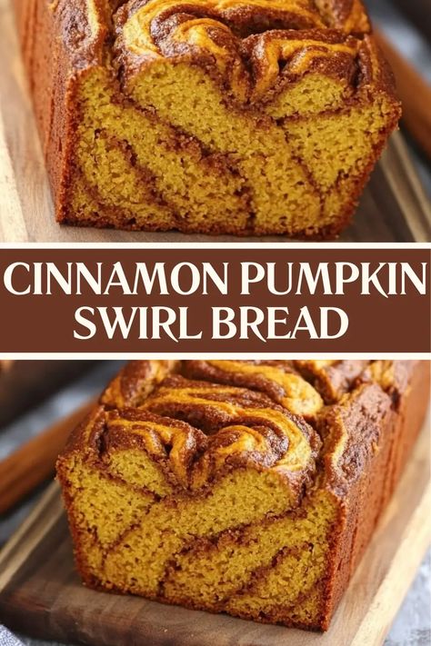 This Cinnamon Pumpkin Swirl Bread recipe is a fall favorite! Moist pumpkin bread with a cinnamon sugar swirl that looks stunning and tastes amazing. Perfect for breakfast, dessert, or a snack, and so easy to make! Save this pin to try out this cozy autumn recipe, and don’t forget to share your results! 🍁 Pumpkin Ginger Bread Recipe, Pumpkin Cinnamon Bread Recipe, Pumpkin Bread With Cinnamon Swirl, Pumpkin Bread Sour Cream, Pumpkin Cinnamon Swirl Bread, Savory Pumpkin Bread, Cinnamon Crunch Bread, Pumpkin Bread Recipe Cream Cheese, Cinnamon Swirl Pumpkin Bread