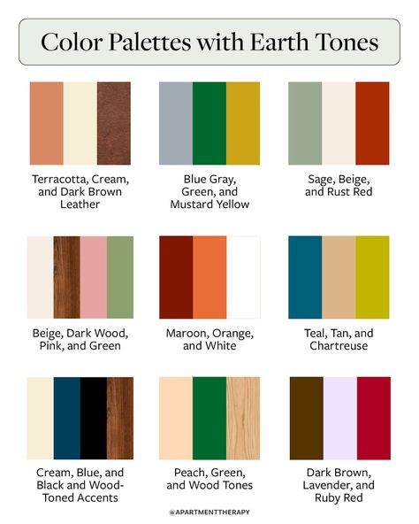 graphic showing 9 color palette combinations using earth tones Earth Tones Palette, Earth Tone Palette, Earth Tone Color Palette, About Earth, Monochromatic Color Palette, Earth Tone Color, Earthy Color Palette, Brown Furniture, Soothing Colors