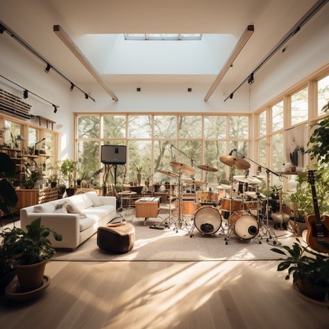 Sunroom Music Room, Cozy Music Room Ideas, Living Room Recording Studio, Rustic Music Studio, Dream Studio Music, Home Office Music Studio, Film Composer Studio, Minimalist Music Room, Mid Century Modern Music Studio